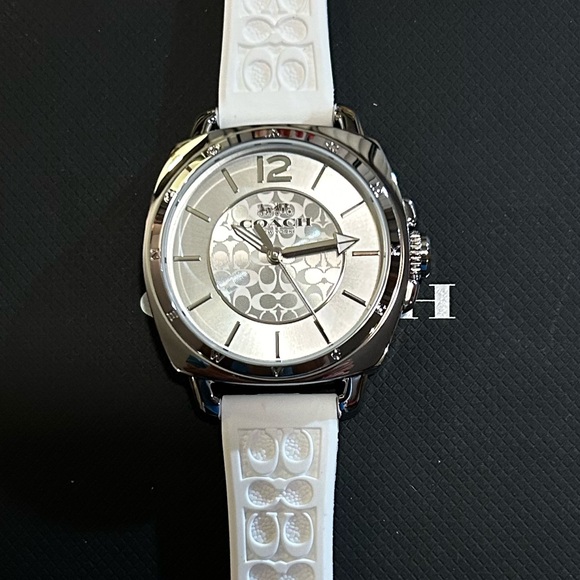 Coach Boyfriend Watch With 34mm Silver Face & White Silicone Band. - Picture 2 of 7